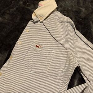Hollister Navy and White Striped Button-Down Shirt